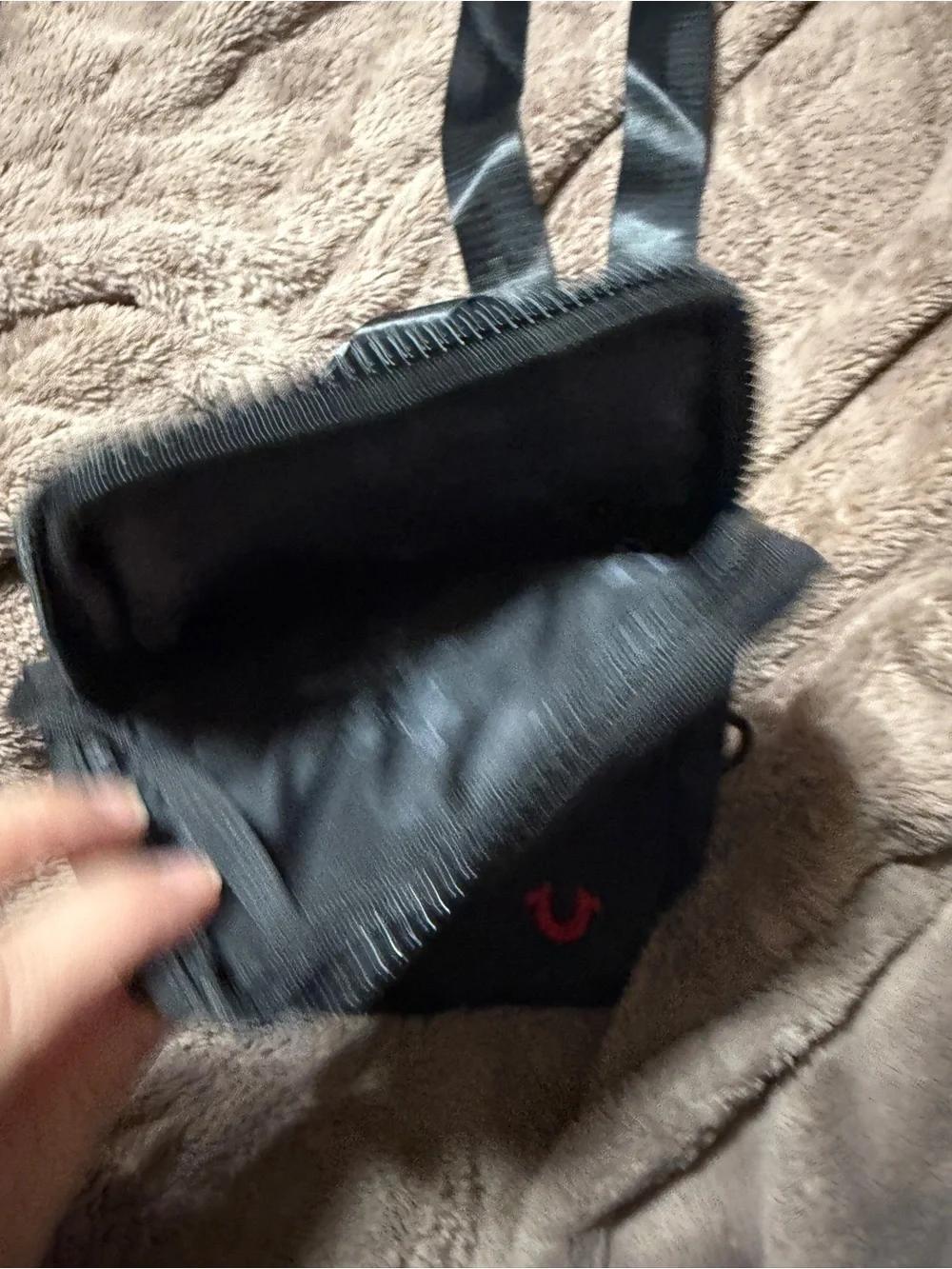 True Religion Black Sling Bag with Red Logo